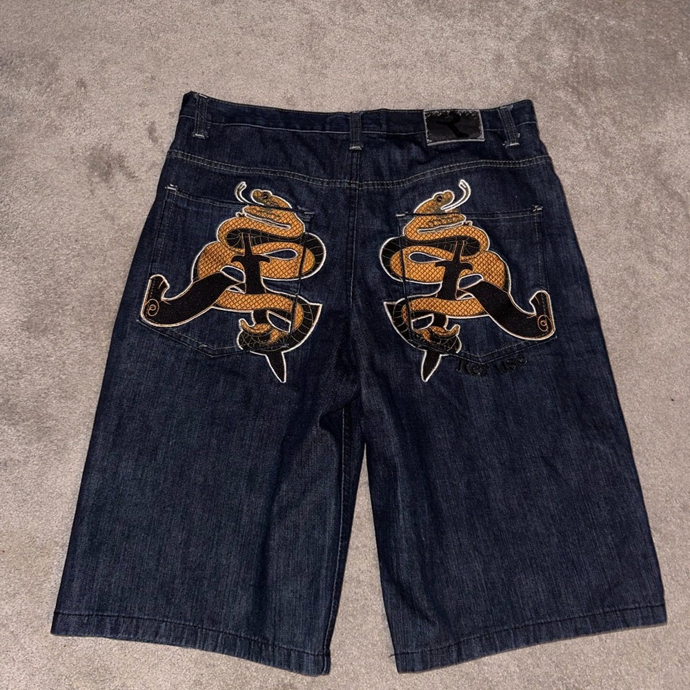 Men's Dark Blue Denim Shorts with Snake Embroidery